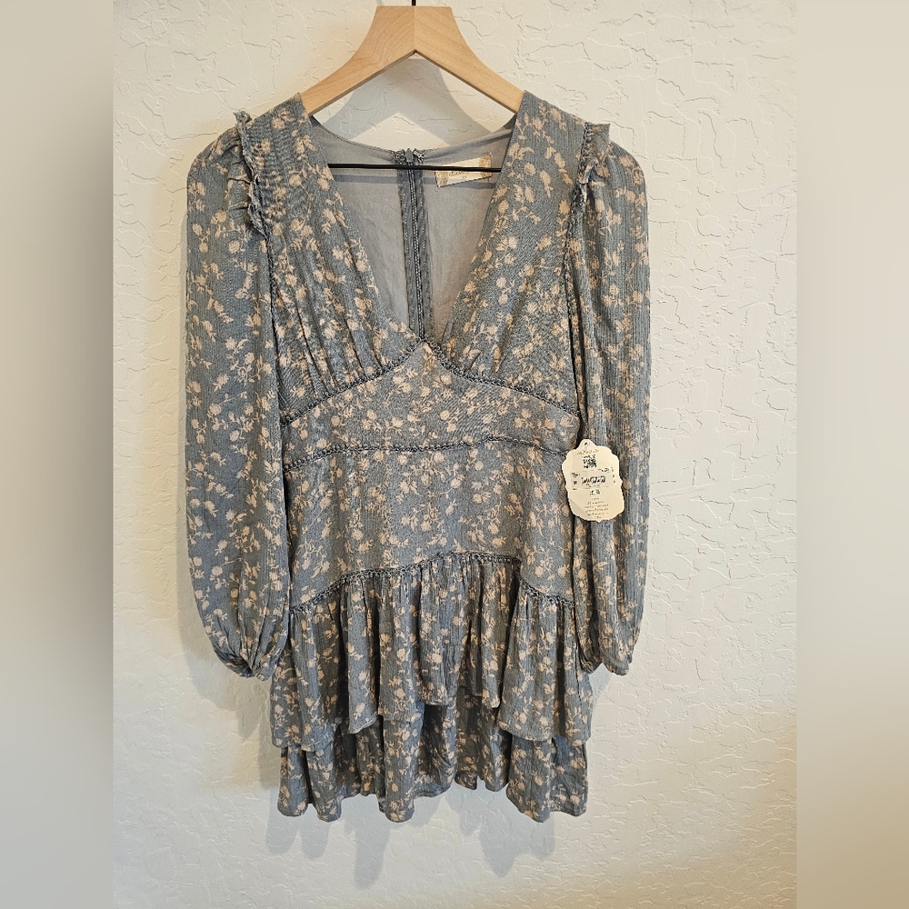 Altar'd State Blue Floral Print Long Sleeve Ruffle Tiered‎ Mini Dress